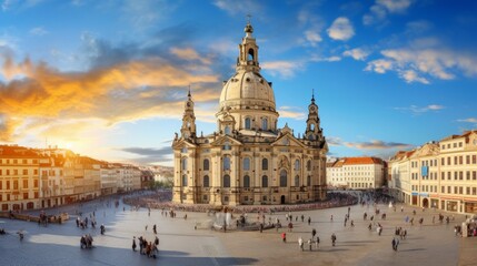Breathtaking view of of Baroque church - Frauenkirche at Neumarkt square in downtown of Dresden. Popular tourist destination. Location: Dresden, state of Saxony, Germany, Europe - obrazy, fototapety, plakaty