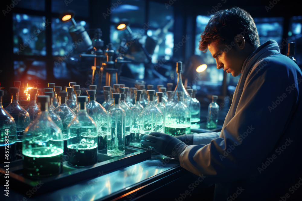 Poster a student conducting a scientific experiment in a laboratory, exploring the frontiers of knowledge. 