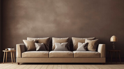 Fototapeta na wymiar Taupe Sofa with Beige Pillows against Muted Brownish-Gray Wall