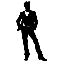 Vector silhouette of a man in a business suit standing, black color isolated on white background