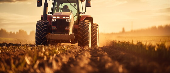 A farmer driving a tractor prepares the field. As part of pre seeding chores in the early spring season of agricultural labor. Tractor plowing field at sunny day. Generative ai