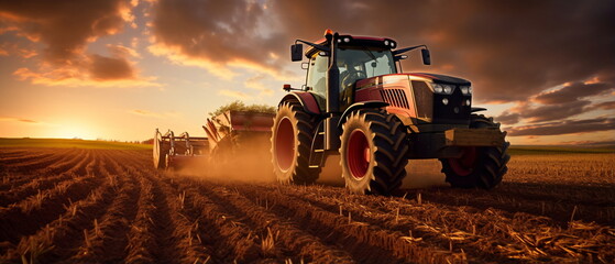 A farmer driving a tractor prepares the field. As part of pre seeding chores in the early spring season of agricultural labor. Tractor plowing field at sunny day. Generative ai