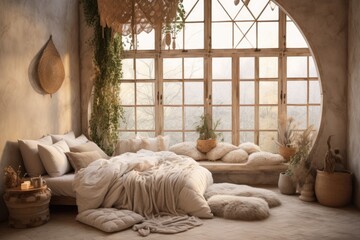 Boho style bedroom interior filled with light