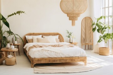 Boho style bedroom interior filled with light