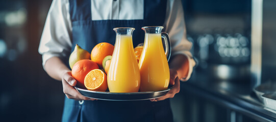Man in navy apron holding a tray of fruits and orange juice jags.  - Powered by Adobe