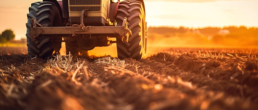 A farmer driving a tractor prepares the field. As part of pre seeding chores in the early spring season of agricultural labor. Tractor plowing field at sunny day. Generative ai