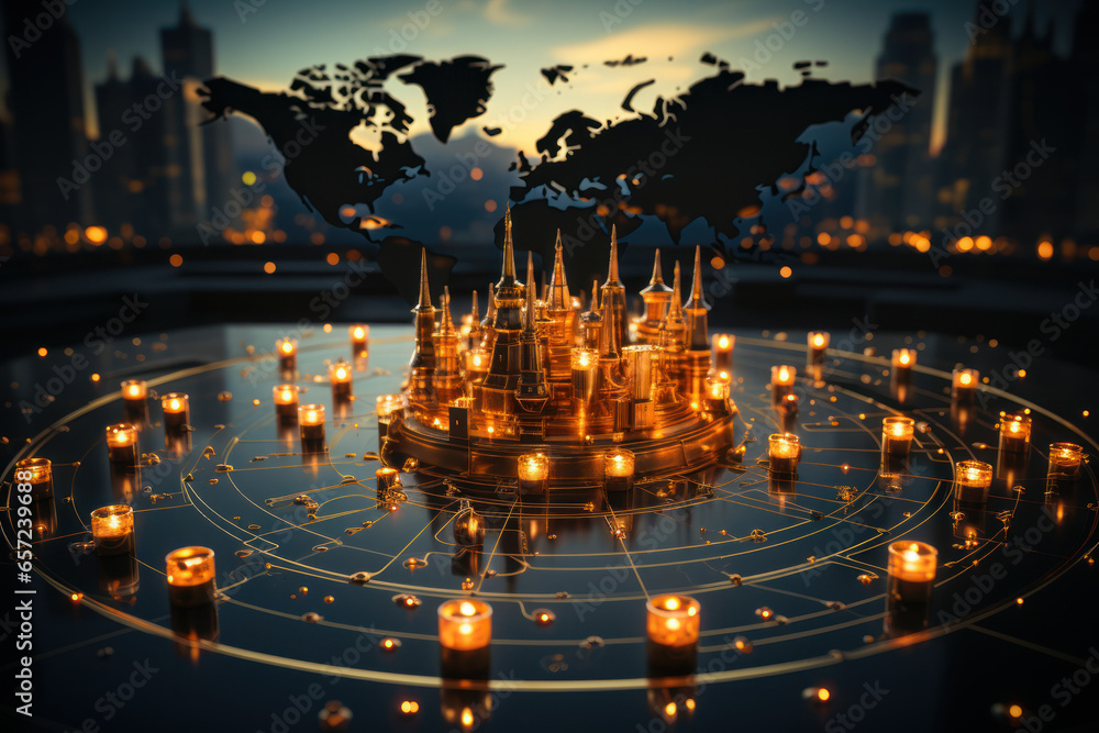Poster a map of the world with arrows pointing to different philosophical traditions, emphasizing global di