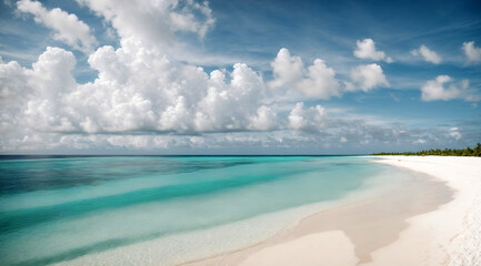 Fototapeta premium Beach featuring pristine white sands, a calm turquoise ocean, and a sunlit sky of fluffy clouds