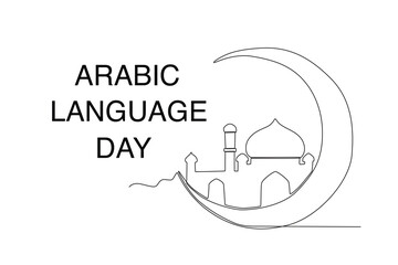 A mosque and a crescent symbol of Arabic. Arabic language day one-line drawing