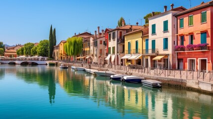 Peschiera del Garda - charming village located on the magnificent lake Lago di Garda, famous for its colorful houses. Verona province, northern Italy - obrazy, fototapety, plakaty