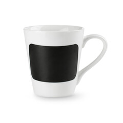 Empty white cup with black mockup on its side. Isolated on transparent background with soft shadow. Layout for your design or advertising