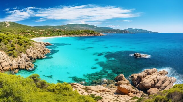 Remarkable view of Palombaggia and Tamaricciu beaches. Famous travel destination. Location: Porto-Vecchio, Corsica, France, Europe