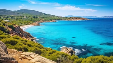 Remarkable view of Palombaggia and Tamaricciu beaches. Famous travel destination. Location: Porto-Vecchio, Corsica, France, Europe