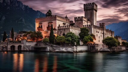 Most beautiful medieval castles of Italy. Scaligero Castle in Sirmione. Lake Lago di Garda in north, Lombardy - obrazy, fototapety, plakaty