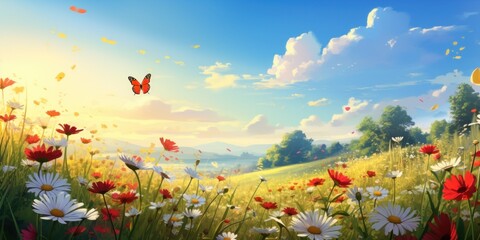 Obraz na płótnie Canvas Painting of a meadow with blooming daisies and fluttering butterflies with summer sunshine