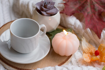 Autumn bright still life with a pumpkin and a cup of hot drink. Autumn decor