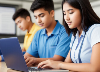 Sch&uuml;ler am lernen mit dem Laptop . KI Generated