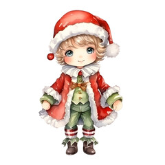 little boy wearing red and green, Christmas character, watercolor  illustration