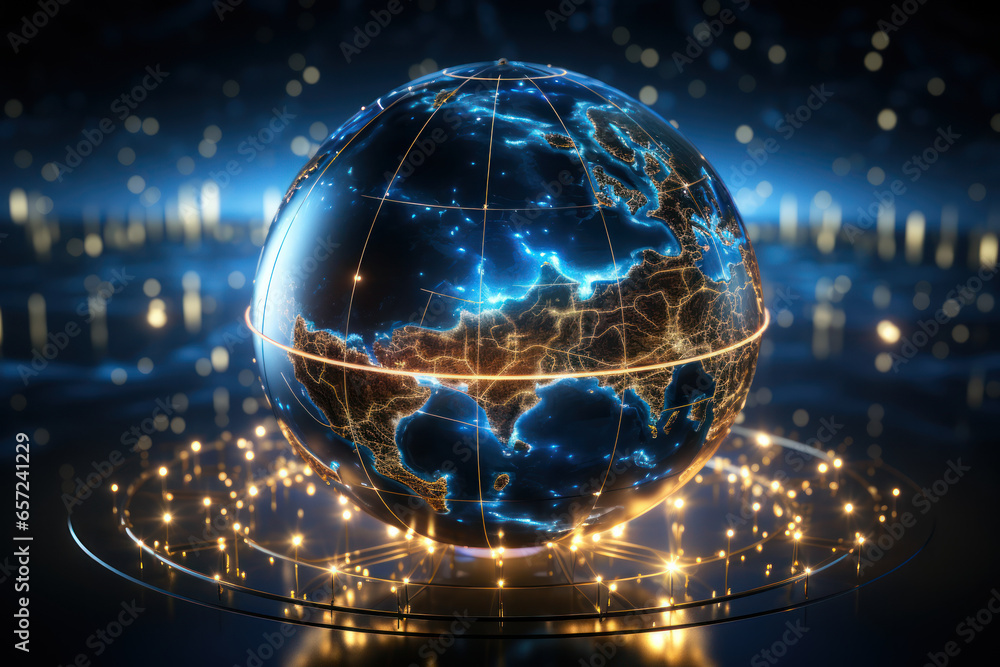 Poster a globe with interconnected arrows, symbolizing global progress and cooperation for a better future.