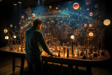 A physicist studying equations on a chalkboard, delving into the mysteries of quantum mechanics. Concept of scientific exploration. Generative Ai.