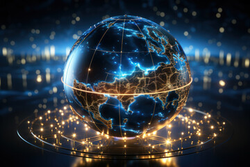 A globe with interconnected arrows, symbolizing global progress and cooperation for a better future. Concept of global unity. Generative Ai.