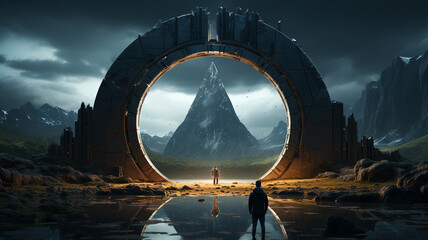 futuristic sci fi alien ship. fantasy landscape with alien spaceship.