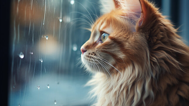 red cat watches the rain through the window