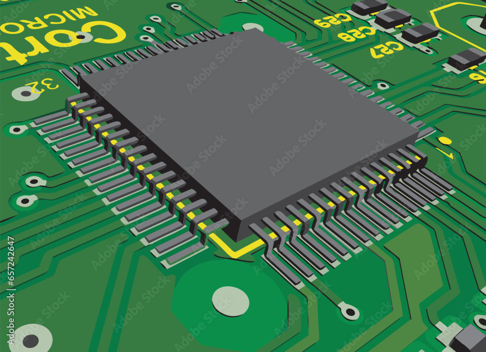 Poster vector pcb layout with microcontroller. printed circuit board of an electronic device with conductor