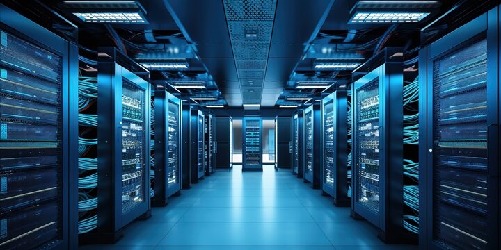 Generative AI, Closeup shot of networking cable in the server room, server rack with fiber optic cables