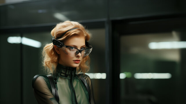 Sexy Frau in Lack und Leder Designer Outfit als Escort Dame mit Brille Portr&auml;t, ai generativ