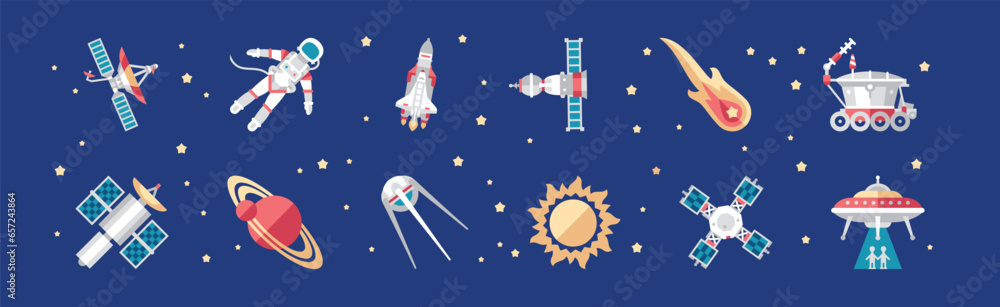Poster outer space icon and objects on blue background vector set