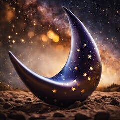A blue crescent moon dotted with stars rests on a desolate landscape with trees in the far distance. The background is a soft bokeh representing stars with a suggestion of the Milky Way galaxy 