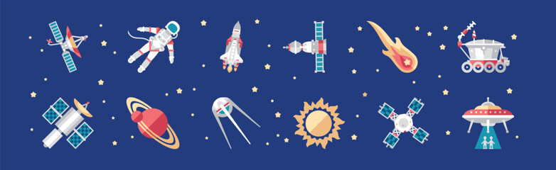 Outer Space Icon and Objects on Blue Background Vector Set