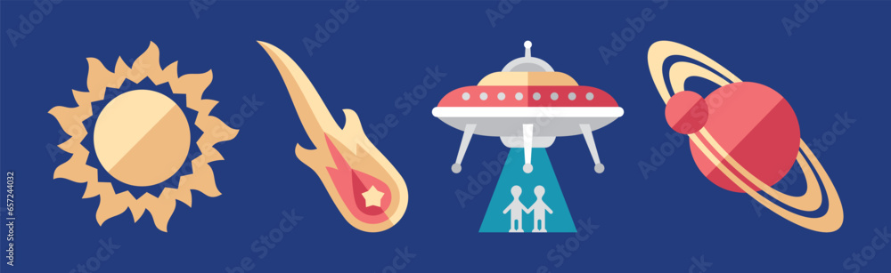 Poster outer space icon and objects on blue background vector set