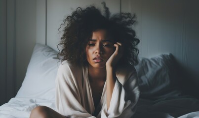 Depressed African American woman on bed - obrazy, fototapety, plakaty