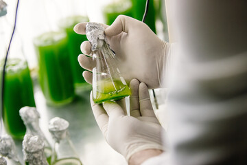 scientist in laboratory with test tubes