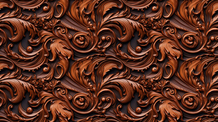 Seamless Rococo style floral patterns in mahogany wood - obrazy, fototapety, plakaty