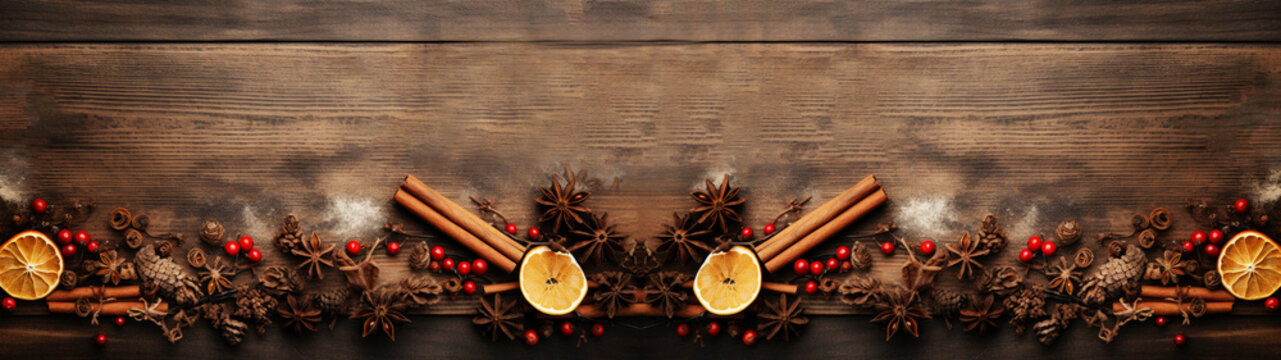 Christmas, christmas items background, zitrone, cinnamon sticks, twigs on wooden texture or table, banner, lifestyle