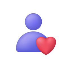 3D Person with heart. User favorite icon. Concept of friendly, assistance, teamwork, consultant, gift.