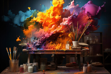 An artist's palette of vivid colors, creating a surreal painting that transcends reality. Concept...
