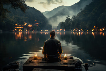 A person viewing their reflection in a calm lake, contemplating self-awareness and introspection....