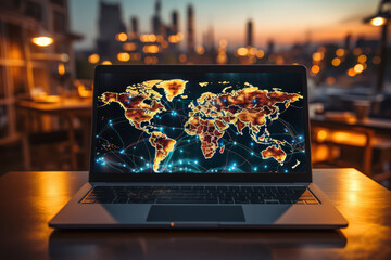 An open laptop with a world map on the screen, showcasing the power of the internet in accessing information worldwide. Concept of global connectivity. Generative Ai.