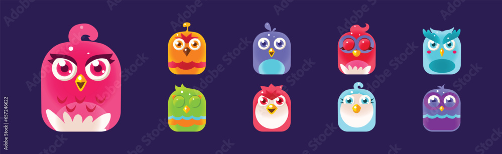 Aufkleber funny birds app rounded icon for game design vector set