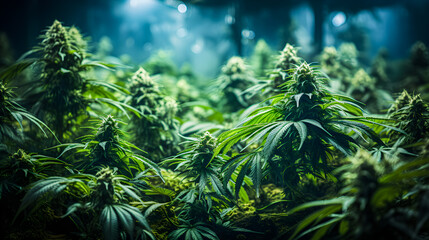 Illegal marijuana planting. Marijuana buds on cannabis plants. Benefits of marijuana. Generative ai - obrazy, fototapety, plakaty
