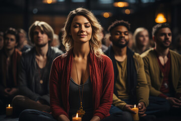 A group of individuals participating in a group meditation session, emphasizing the social aspect of wellness practices. Generative Ai.