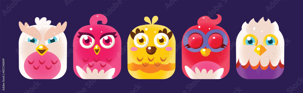 Poster funny birds app rounded icon for game design vector set