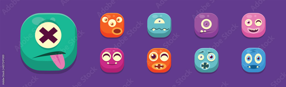 Wall mural Funny Square Face Character with Emotion Icon Vector Set