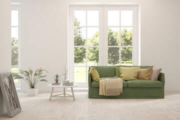 Bright interior design with modern furniture and summer landscape in window. 3D illustration