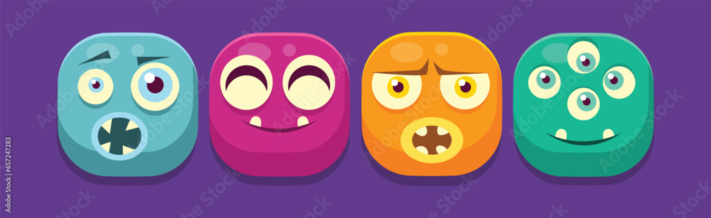 Poster funny square face character with emotion icon vector set