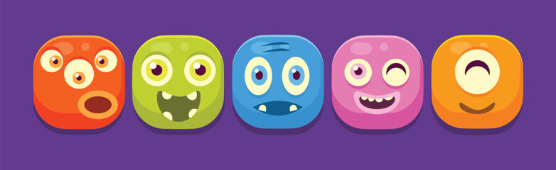 Funny Square Face Character with Emotion Icon Vector Set